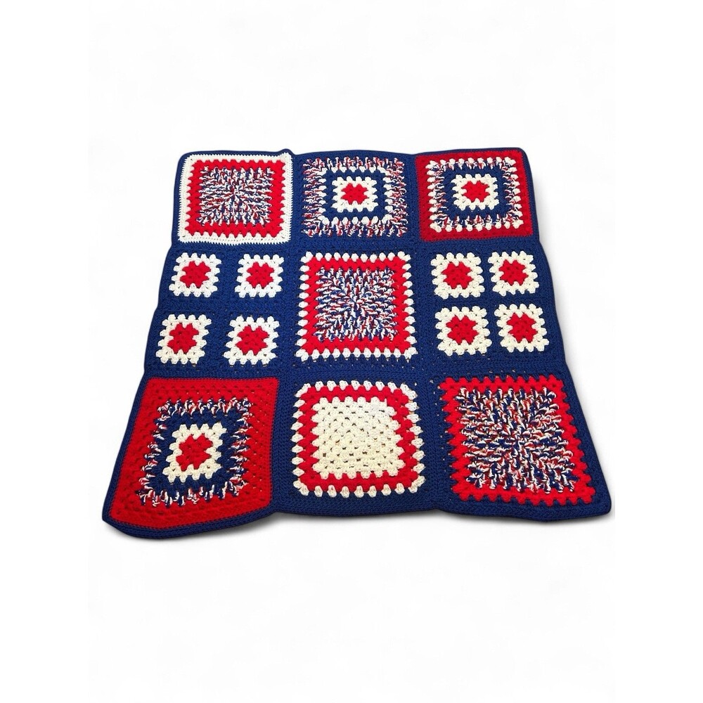 Red White And Blue Patriotic Crochet Granny Square Blanket America USA‎ Memorial